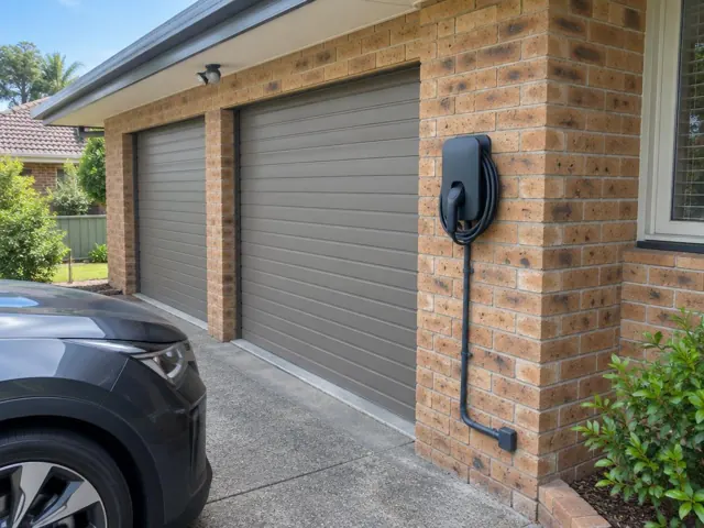 Wall-mounted EV charger on a brick garage exterior beside twin garage doors in Maryland